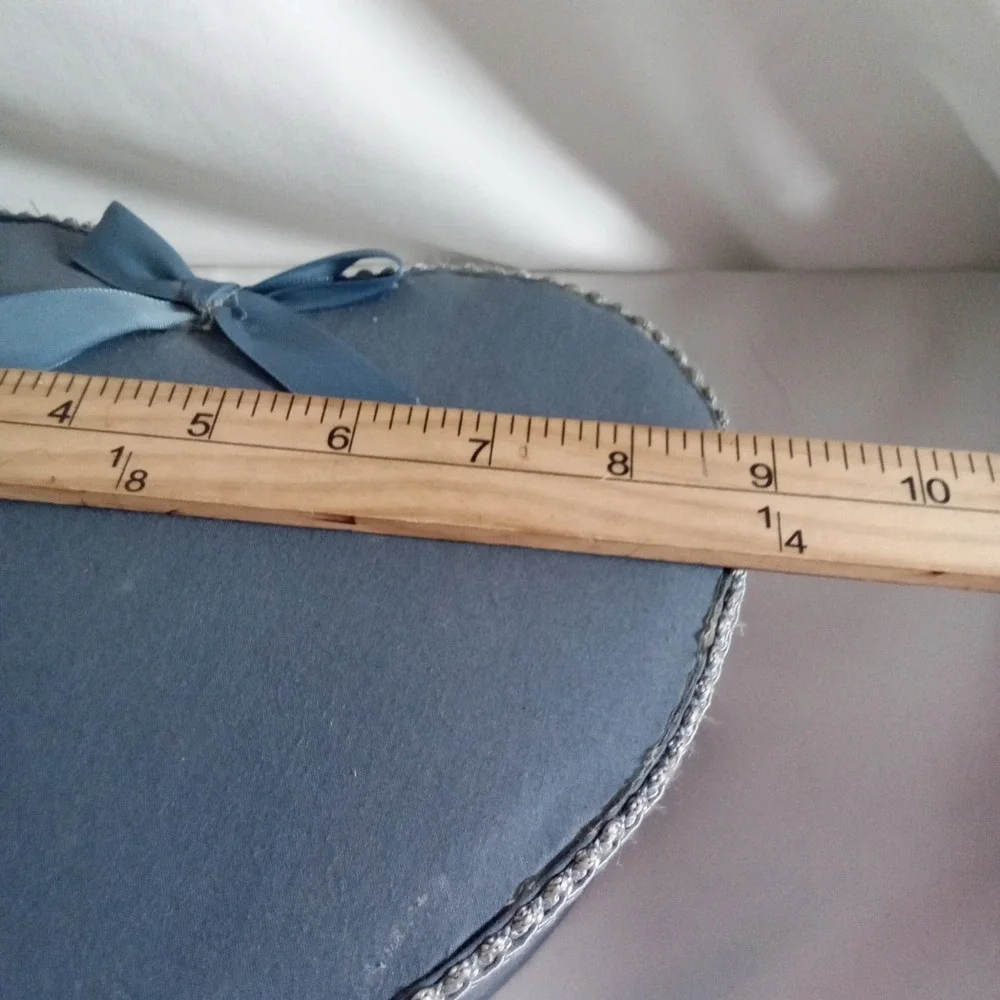 Vintage Style Blue Fabric Heart Shaped Keepsake Box with Silver Trim and Bow